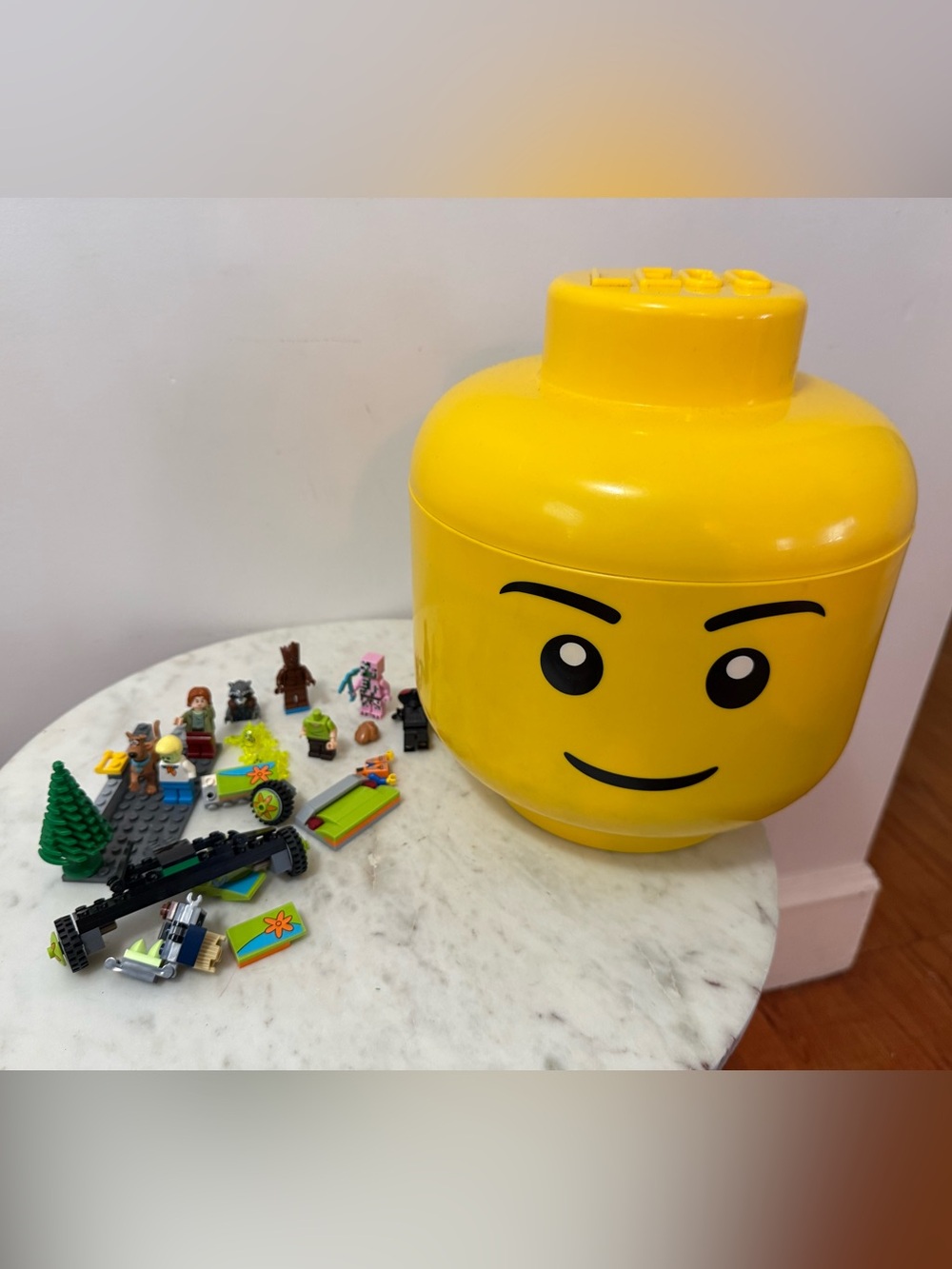 Vintage Lego Big Head Storage Bucket With Assorted Lego Blocks & Figures